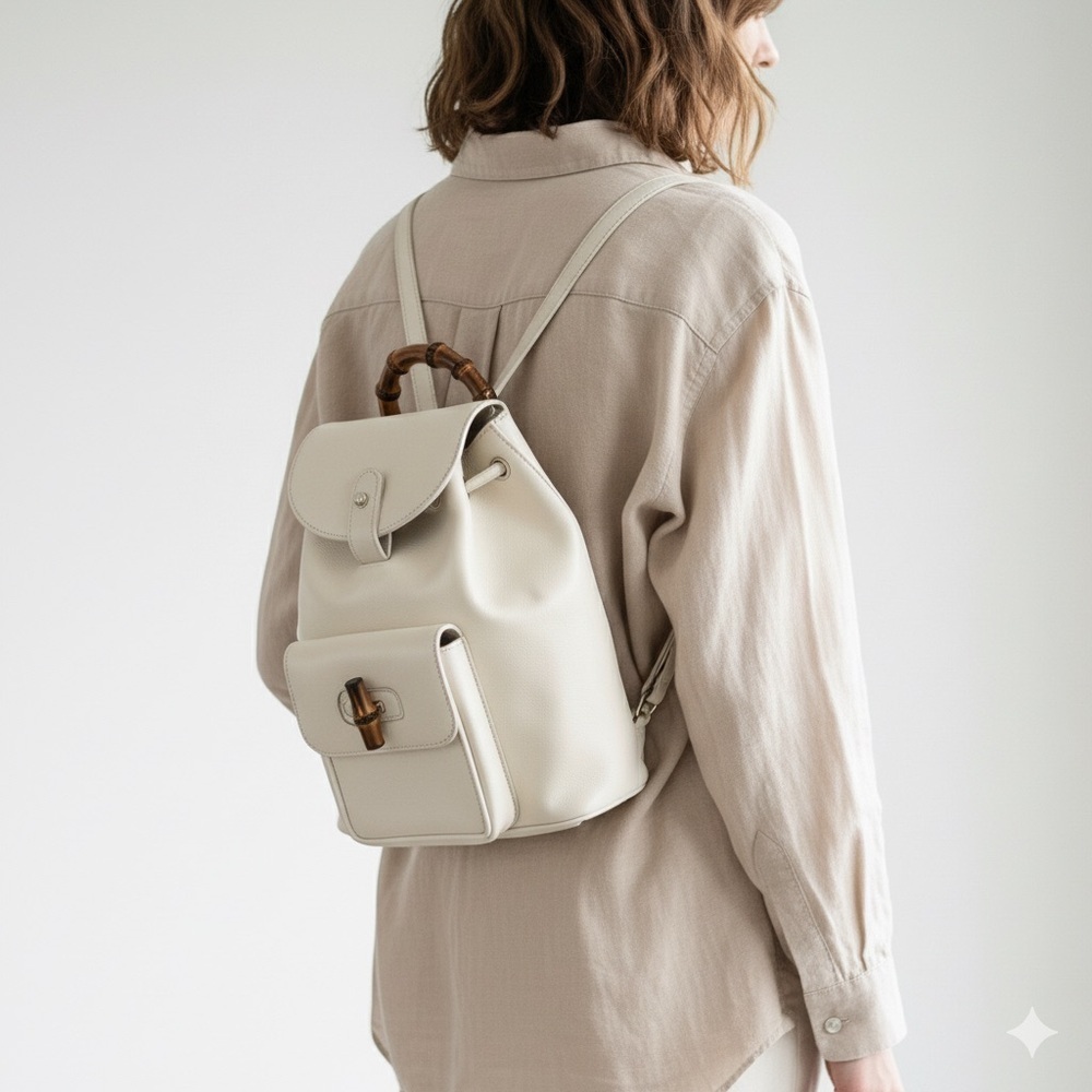 Vintage Gucci cream leather small backpack bag with bamboo details
